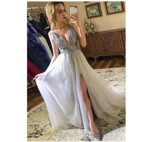 Prom Dress Sexy Deep V Neck Sequins Beads Tulle Lace High Split Long Evening - Picture 3 of 9